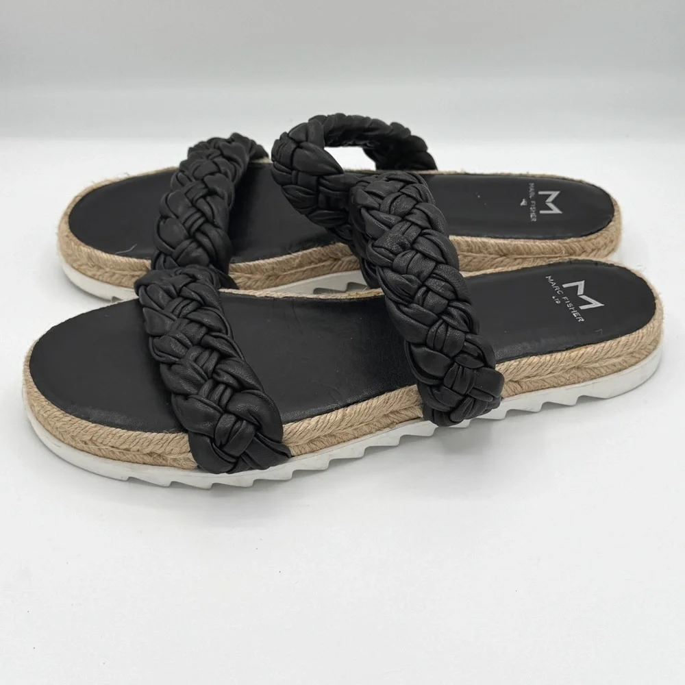 MARC FISHER LTD Jaimee Black Leather Braided Straps Espadrille Sandals Size 8.5